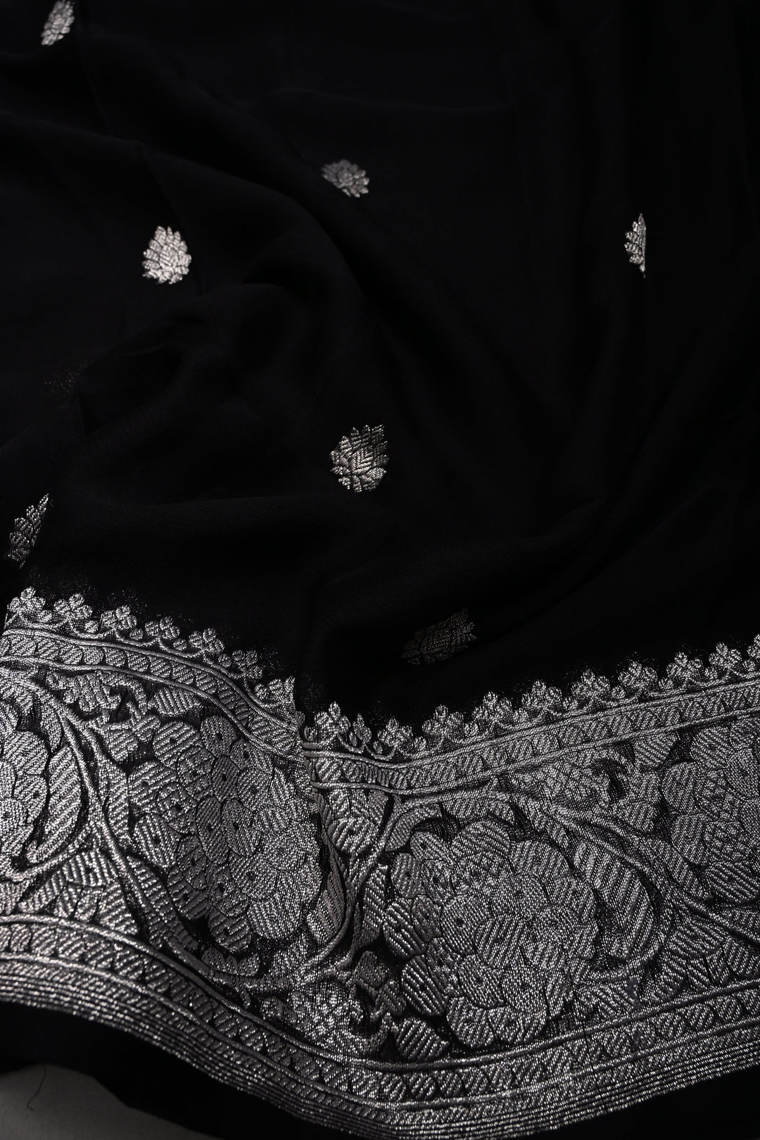 Black Pure Chiffon Silk Saree with Silver Tone Zari Buttas and Zari Border | SILK MARK CERTIFIED | SHOBITAM