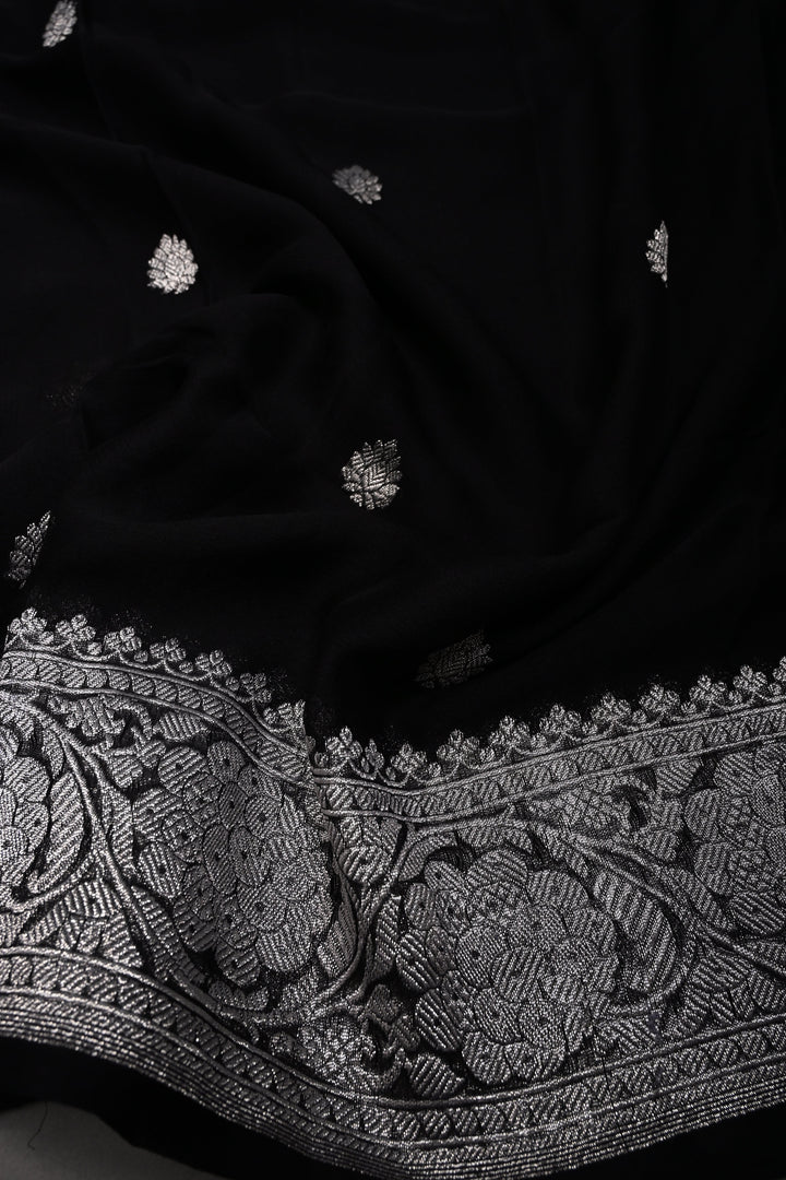 Black Pure Chiffon Silk Saree with Silver Tone Zari Buttas and Zari Border | SILK MARK CERTIFIED | SHOBITAM