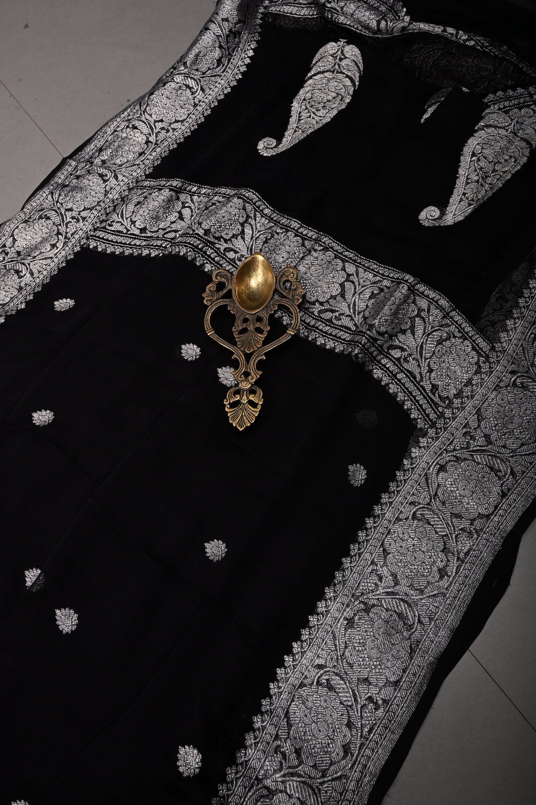 Black Pure Chiffon Silk Saree with Silver Tone Zari Buttas and Zari Border | SILK MARK CERTIFIED | SHOBITAM