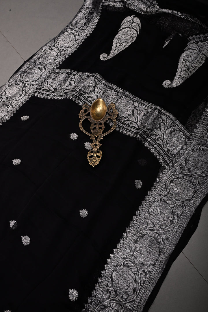 Black Pure Chiffon Silk Saree with Silver Tone Zari Buttas and Zari Border | SILK MARK CERTIFIED | SHOBITAM