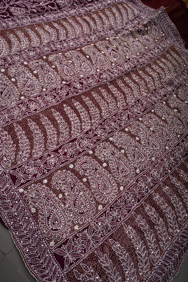 Plum Authentic Hand-Embroidered Full Jaal Chikankari Georgette Saree with Sequins Work and Border | SHOBITAM