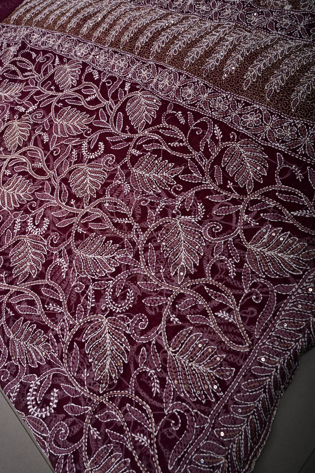 Plum Authentic Hand-Embroidered Full Jaal Chikankari Georgette Saree with Sequins Work and Border | SHOBITAM