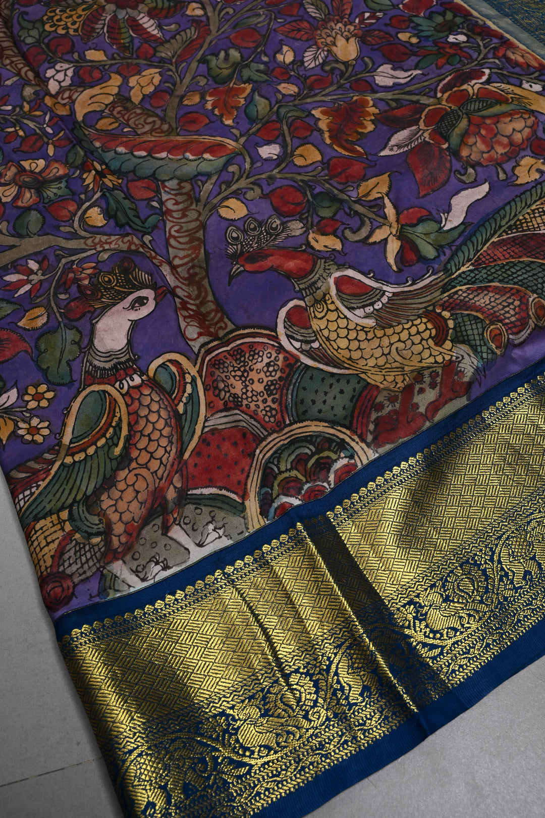 Peacock and Floral Theme : Purple Authentic Pen Kalamkari Handpainted on Pure Kanjivaram Silk Saree with Contrast Zari Border | SILK MARK CERTIFIED | SHOBITAM