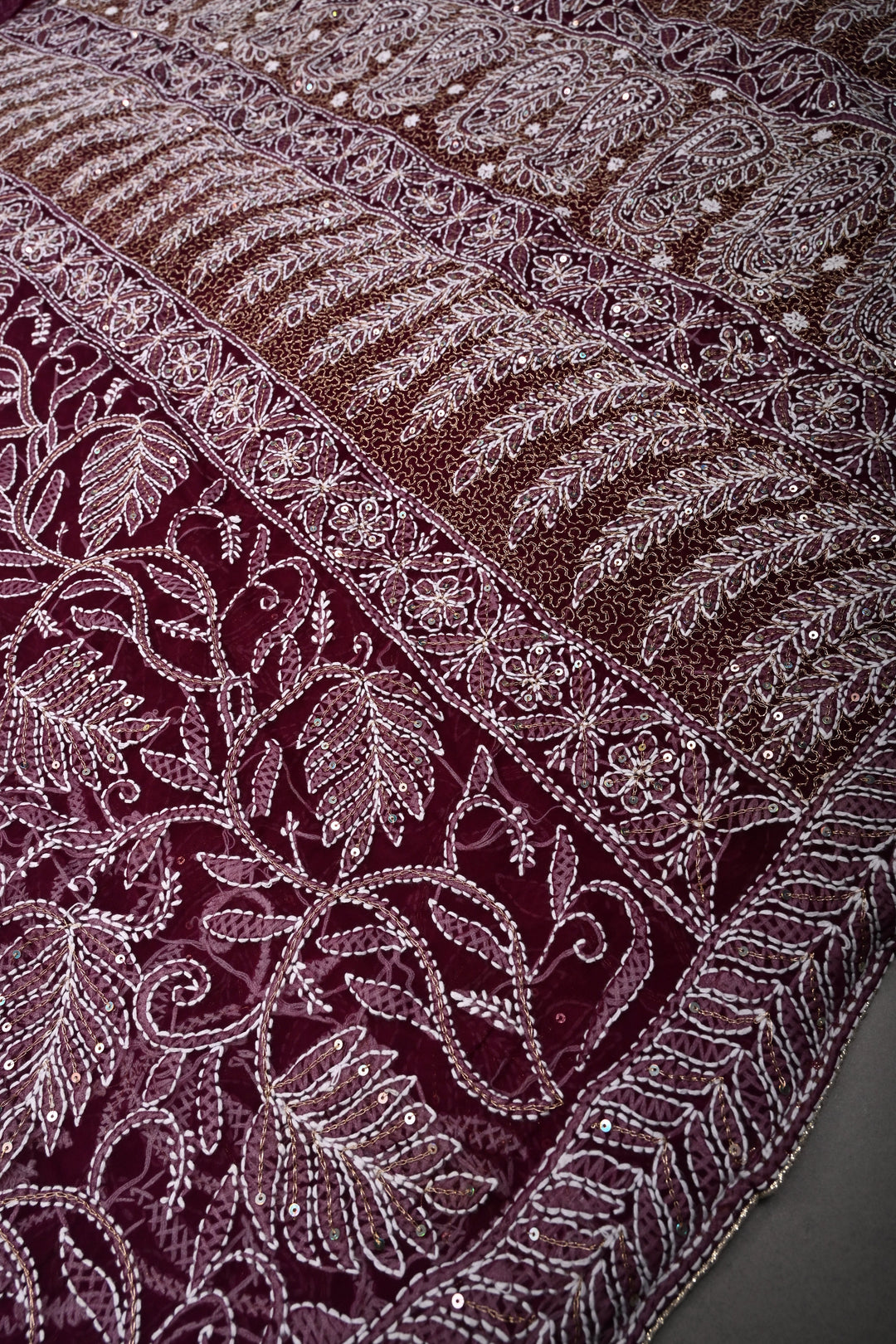 Plum Authentic Hand-Embroidered Full Jaal Chikankari Georgette Saree with Sequins Work and Border | SHOBITAM