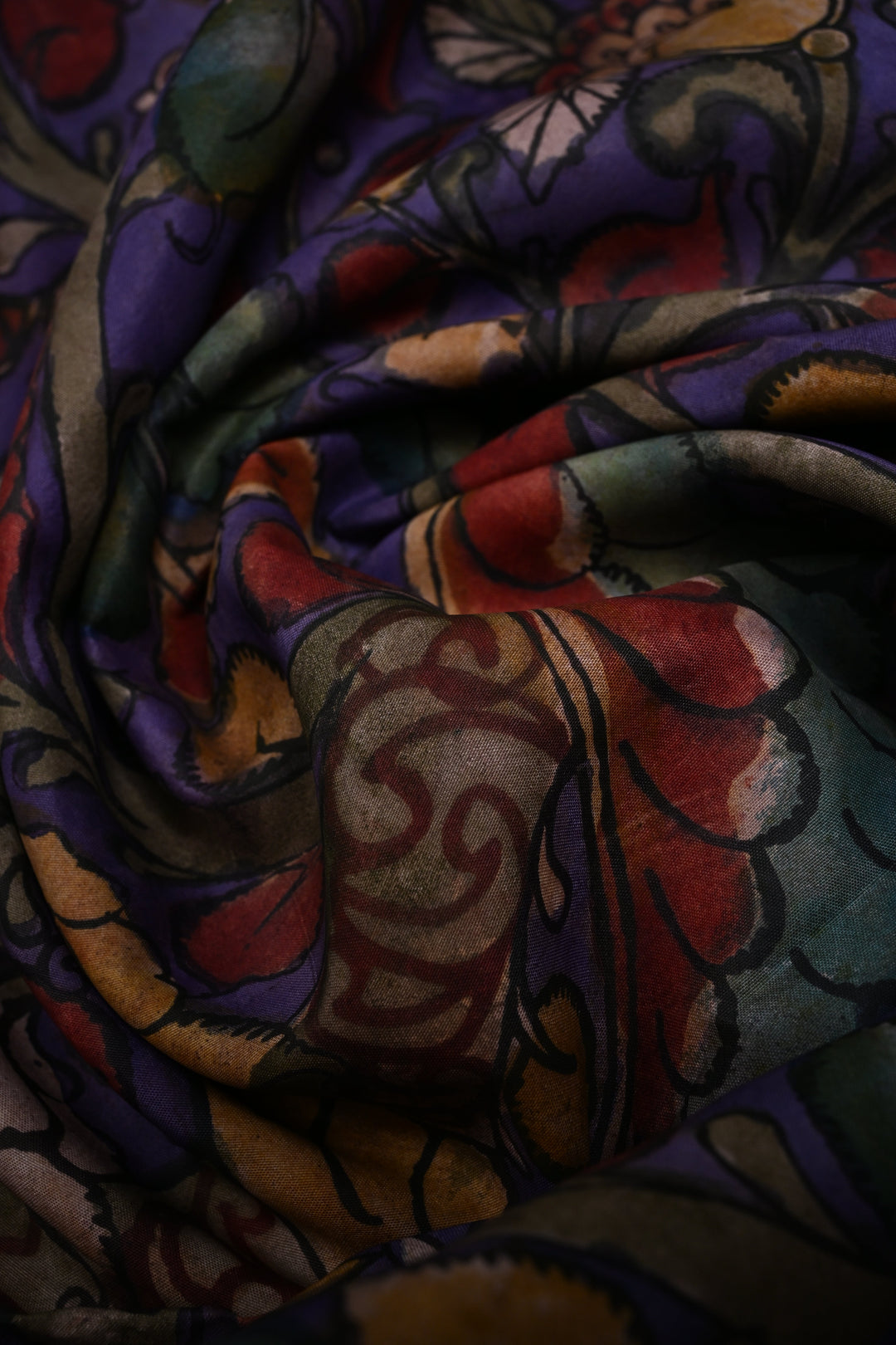 Peacock and Floral Theme : Purple Authentic Pen Kalamkari Handpainted on Pure Kanjivaram Silk Saree with Contrast Zari Border | SILK MARK CERTIFIED | SHOBITAM