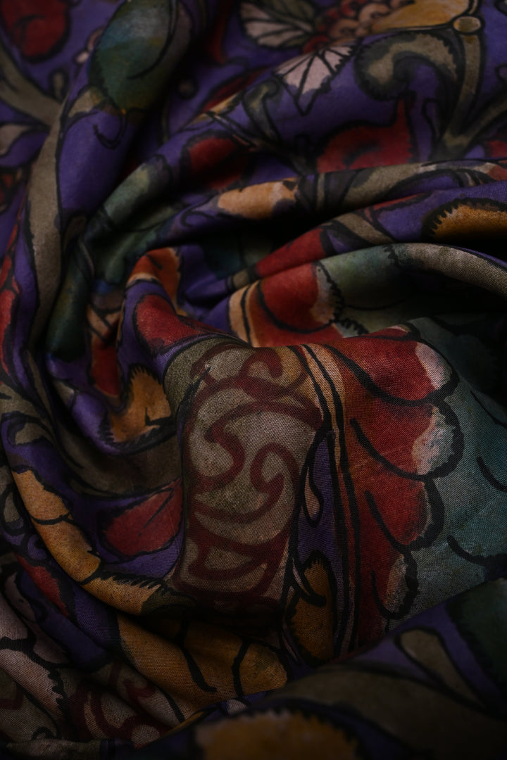 Peacock and Floral Theme : Purple Authentic Pen Kalamkari Handpainted on Pure Kanjivaram Silk Saree with Contrast Zari Border | SILK MARK CERTIFIED | SHOBITAM