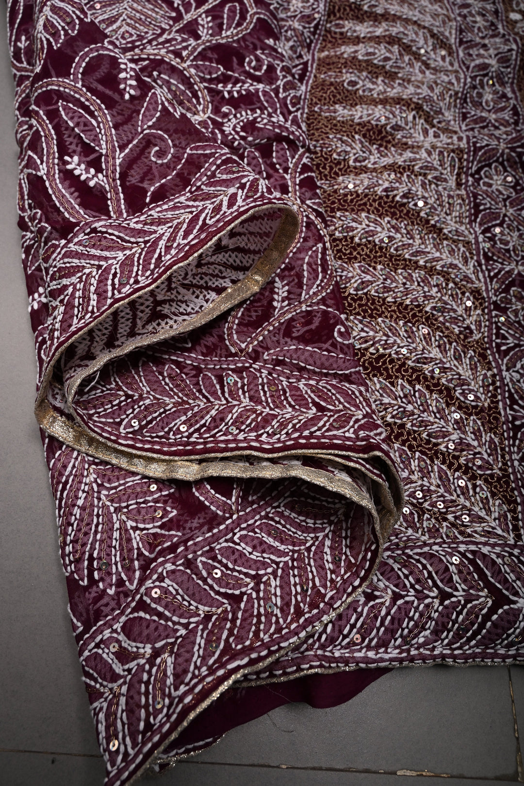 Plum Authentic Hand-Embroidered Full Jaal Chikankari Georgette Saree with Sequins Work and Border | SHOBITAM