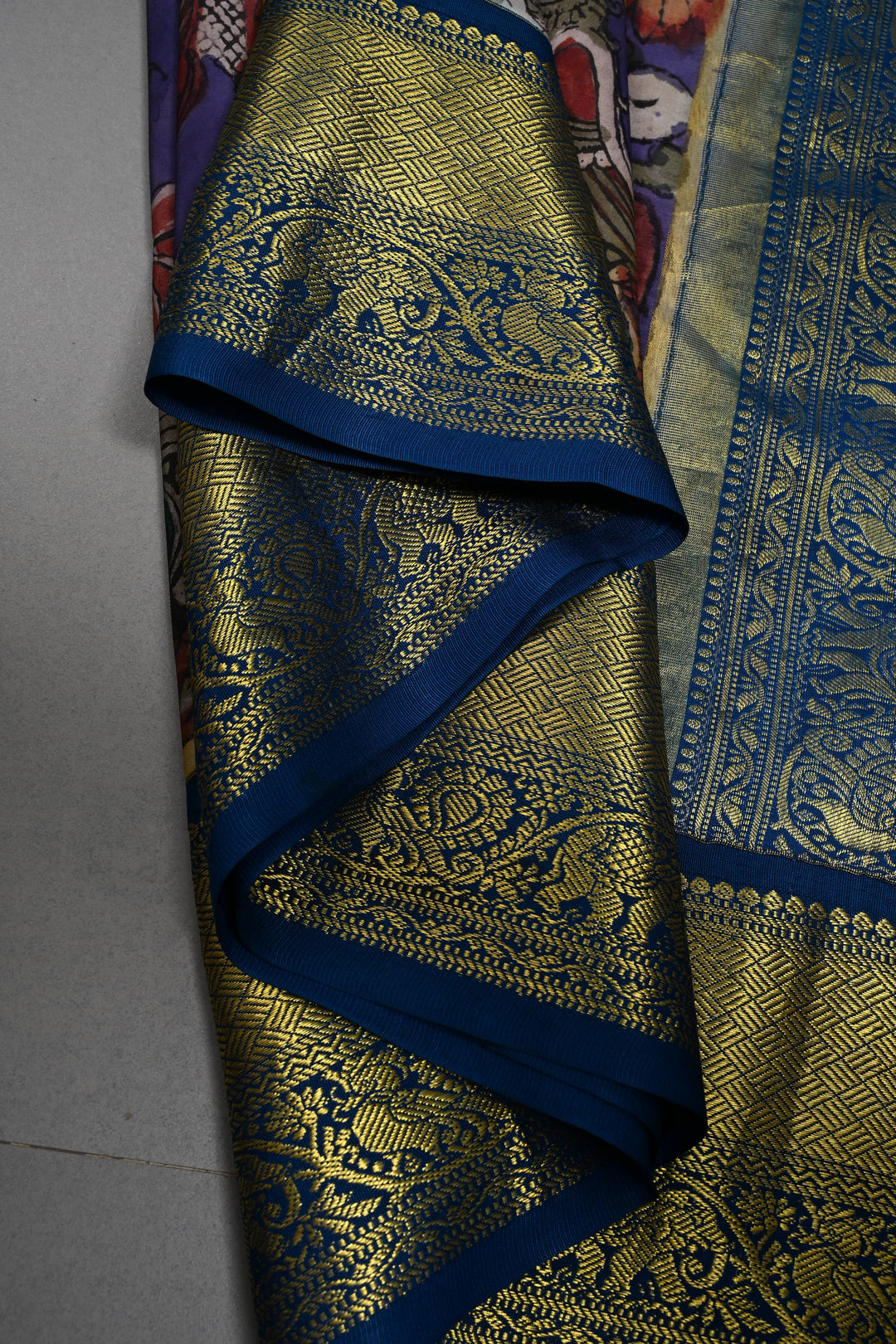 Peacock and Floral Theme : Purple Authentic Pen Kalamkari Handpainted on Pure Kanjivaram Silk Saree with Contrast Zari Border | SILK MARK CERTIFIED | SHOBITAM
