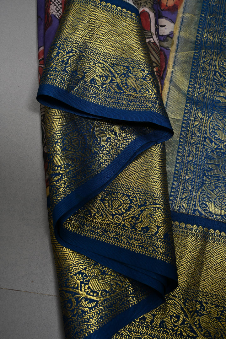 Peacock and Floral Theme : Purple Authentic Pen Kalamkari Handpainted on Pure Kanjivaram Silk Saree with Contrast Zari Border | SILK MARK CERTIFIED | SHOBITAM