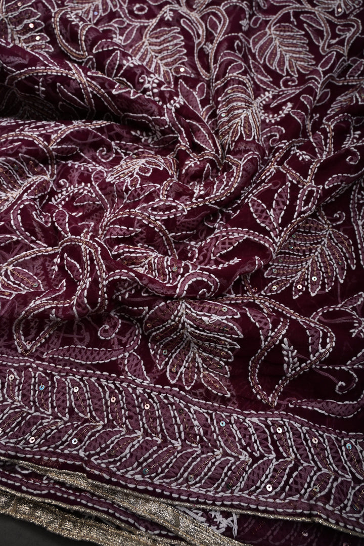 Plum Authentic Hand-Embroidered Full Jaal Chikankari Georgette Saree with Sequins Work and Border | SHOBITAM