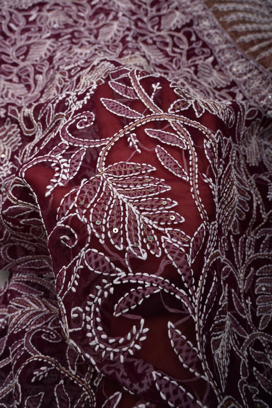 Plum Authentic Hand-Embroidered Full Jaal Chikankari Georgette Saree with Sequins Work and Border | SHOBITAM