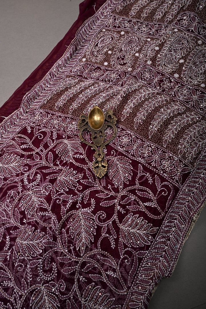 Plum Authentic Hand-Embroidered Full Jaal Chikankari Georgette Saree with Sequins Work and Border | SHOBITAM