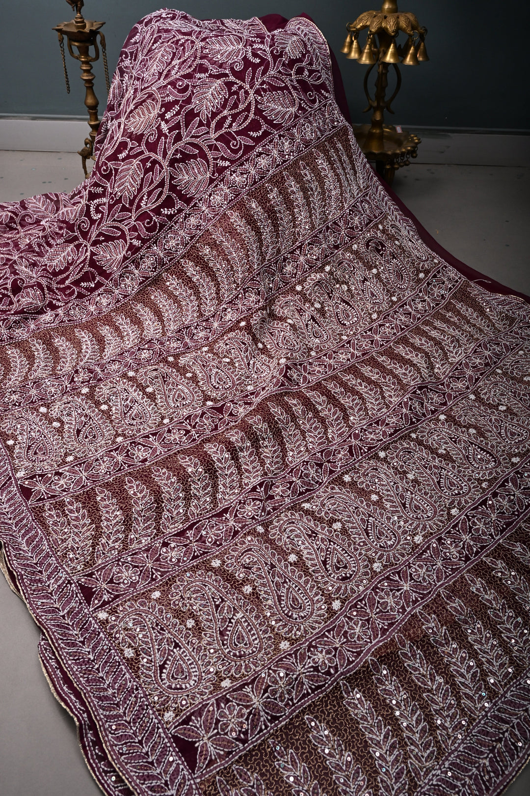 Plum Authentic Hand-Embroidered Full Jaal Chikankari Georgette Saree with Sequins Work and Border | SHOBITAM
