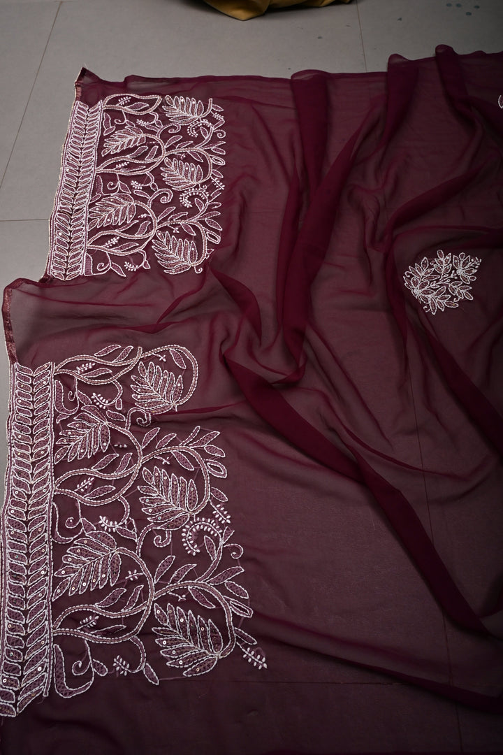 Plum Authentic Hand-Embroidered Full Jaal Chikankari Georgette Saree with Sequins Work and Border | SHOBITAM