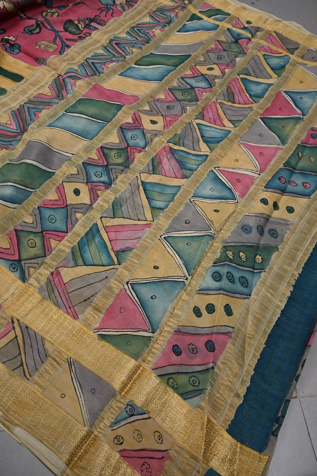 Floral Theme: Bubblegum Pink Authentic Pen Kalamkari Handpainted  on Mysore Silk Saree with Stripes Pattern and Zari Border | SILK MARK CERTIFIED | SHOBITAM
