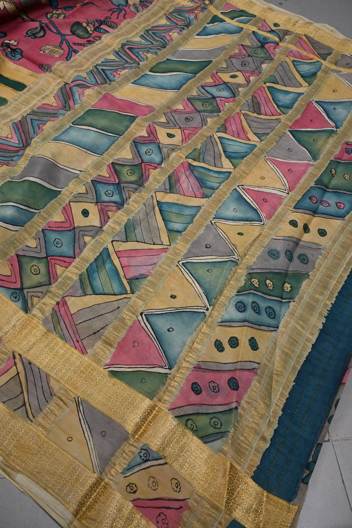 Floral Theme: Bubblegum Pink Authentic Pen Kalamkari Handpainted  on Mysore Silk Saree with Stripes Pattern and Zari Border | SILK MARK CERTIFIED | SHOBITAM