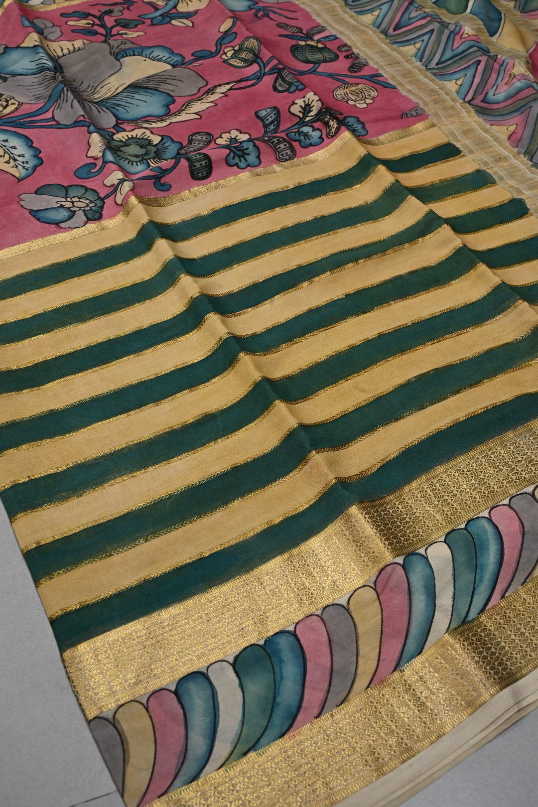 Floral Theme: Bubblegum Pink Authentic Pen Kalamkari Handpainted  on Mysore Silk Saree with Stripes Pattern and Zari Border | SILK MARK CERTIFIED | SHOBITAM