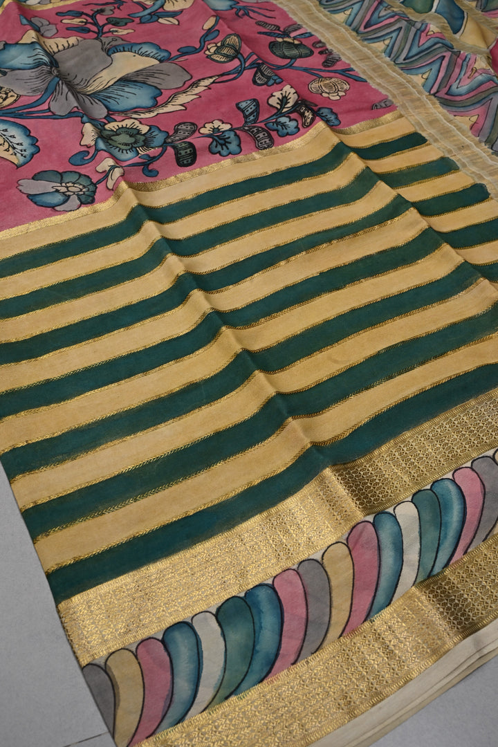 Floral Theme: Bubblegum Pink Authentic Pen Kalamkari Handpainted  on Mysore Silk Saree with Stripes Pattern and Zari Border | SILK MARK CERTIFIED | SHOBITAM