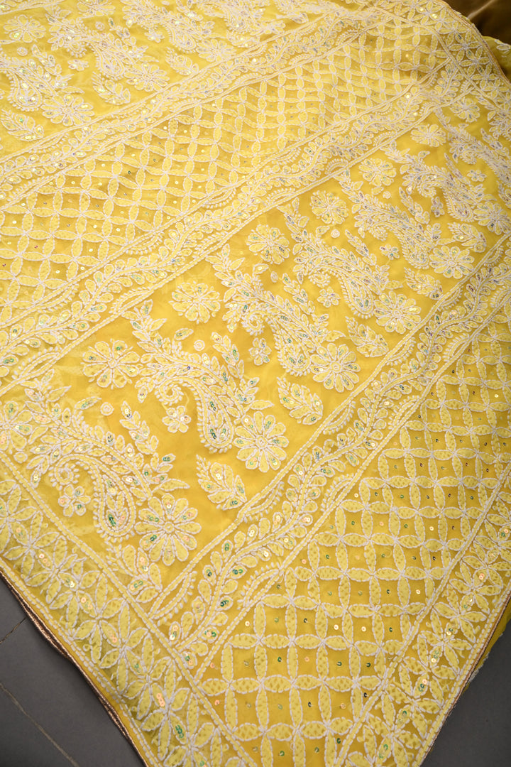 Authentic Yellow Hand-Embroidered Full Jaal Chikankari Georgette Saree with Sequins and  Border  | SHOBITAM