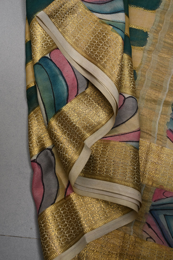 Floral Theme: Bubblegum Pink Authentic Pen Kalamkari Handpainted  on Mysore Silk Saree with Stripes Pattern and Zari Border | SILK MARK CERTIFIED | SHOBITAM