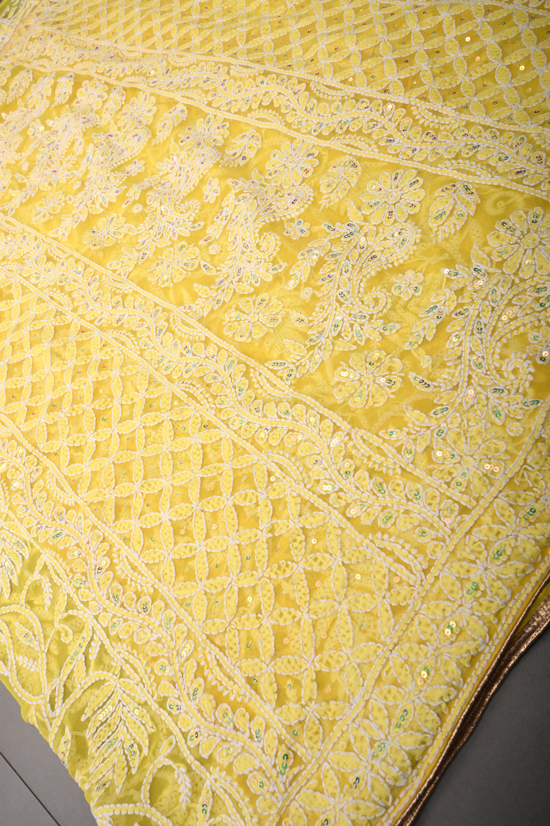 Authentic Yellow Hand-Embroidered Full Jaal Chikankari Georgette Saree with Sequins and  Border  | SHOBITAM