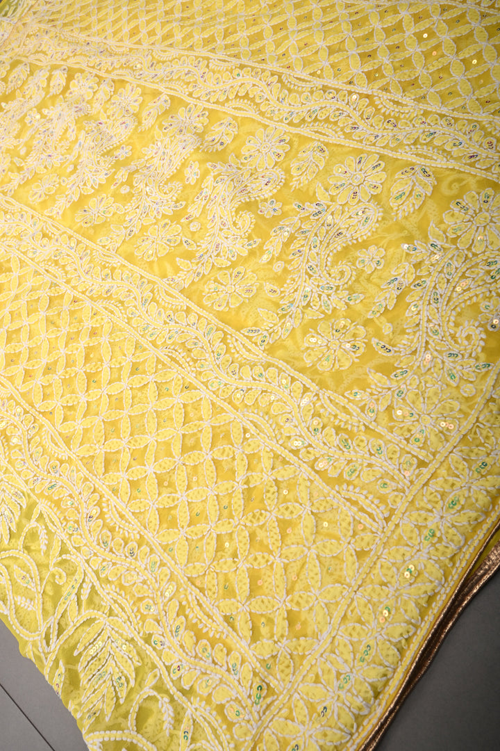Authentic Yellow Hand-Embroidered Full Jaal Chikankari Georgette Saree with Sequins and  Border  | SHOBITAM