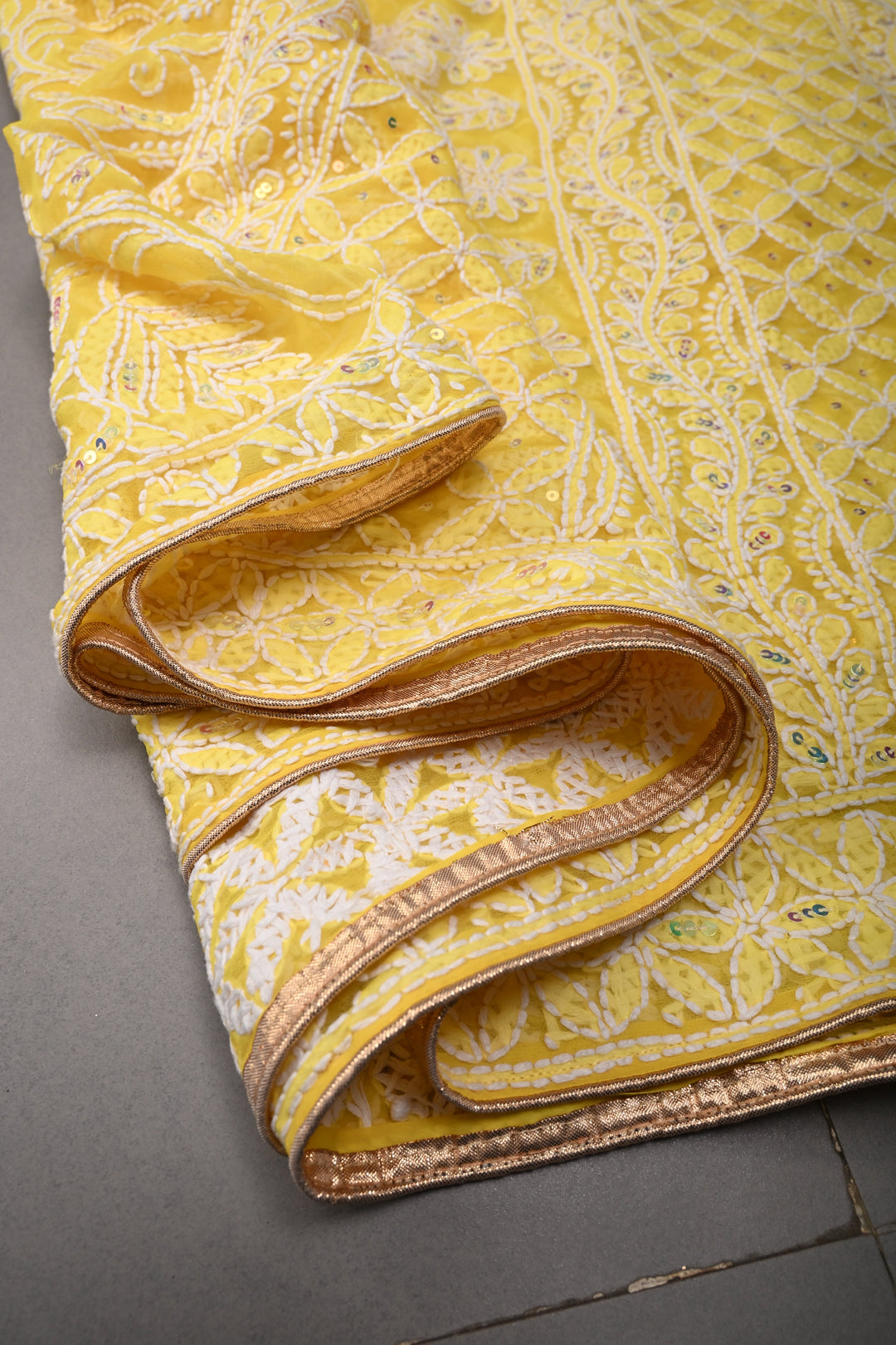 Authentic Yellow Hand-Embroidered Full Jaal Chikankari Georgette Saree with Sequins and  Border  | SHOBITAM