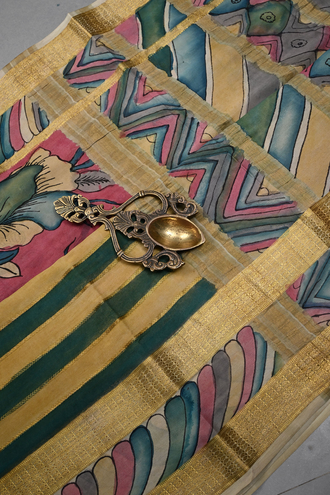 Floral Theme: Bubblegum Pink Authentic Pen Kalamkari Handpainted  on Mysore Silk Saree with Stripes Pattern and Zari Border | SILK MARK CERTIFIED | SHOBITAM