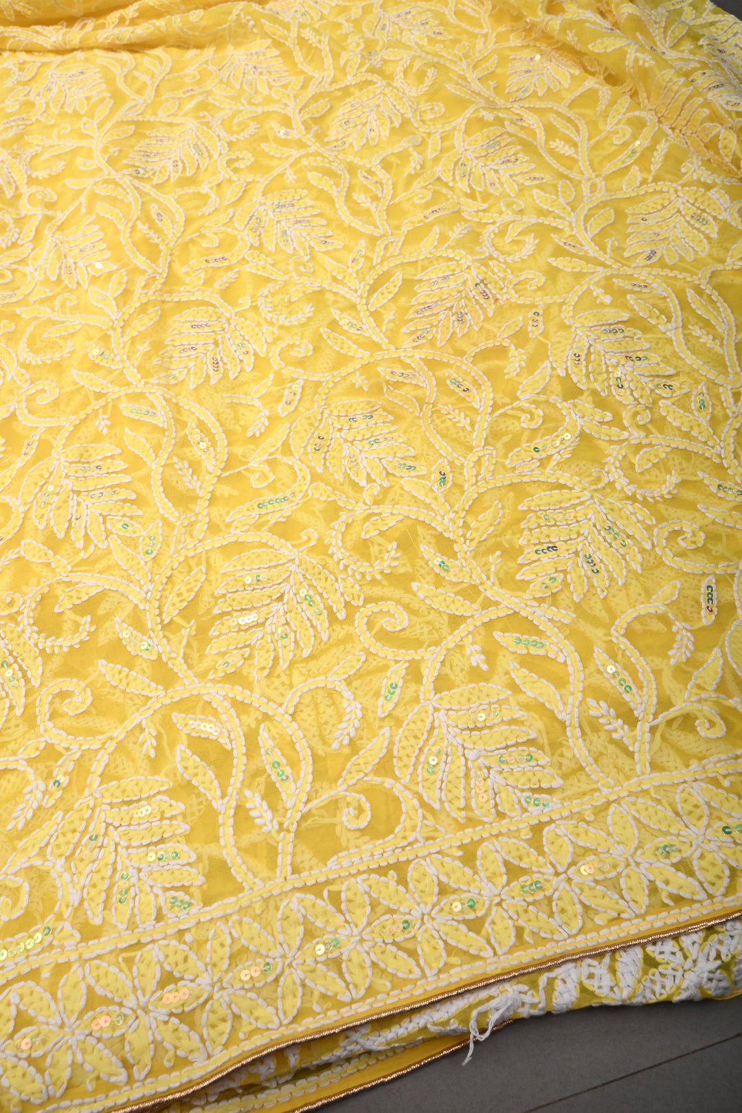 Authentic Yellow Hand-Embroidered Full Jaal Chikankari Georgette Saree with Sequins and  Border  | SHOBITAM