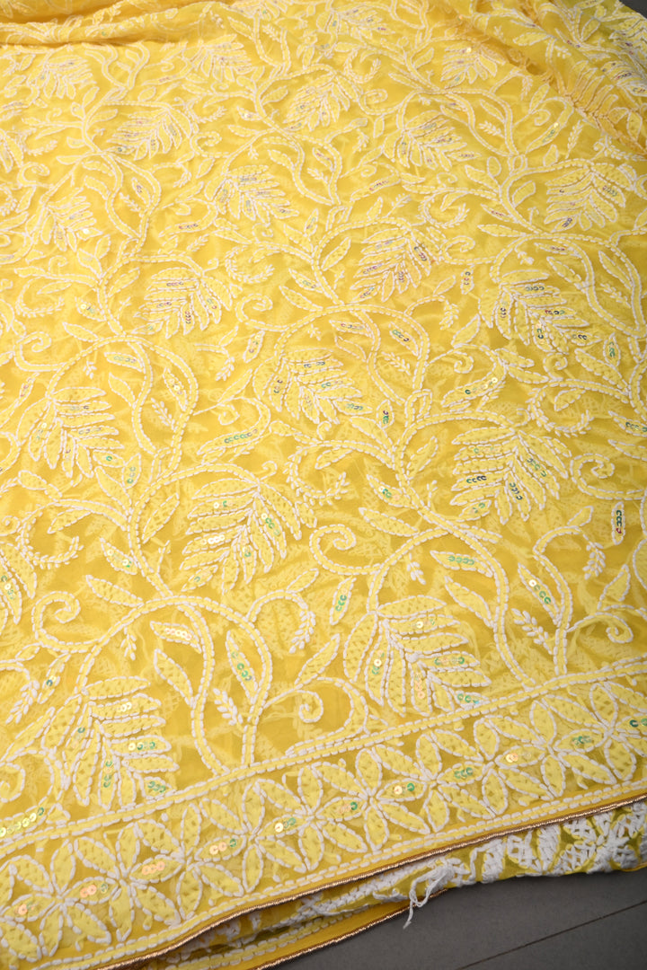 Authentic Yellow Hand-Embroidered Full Jaal Chikankari Georgette Saree with Sequins and  Border  | SHOBITAM