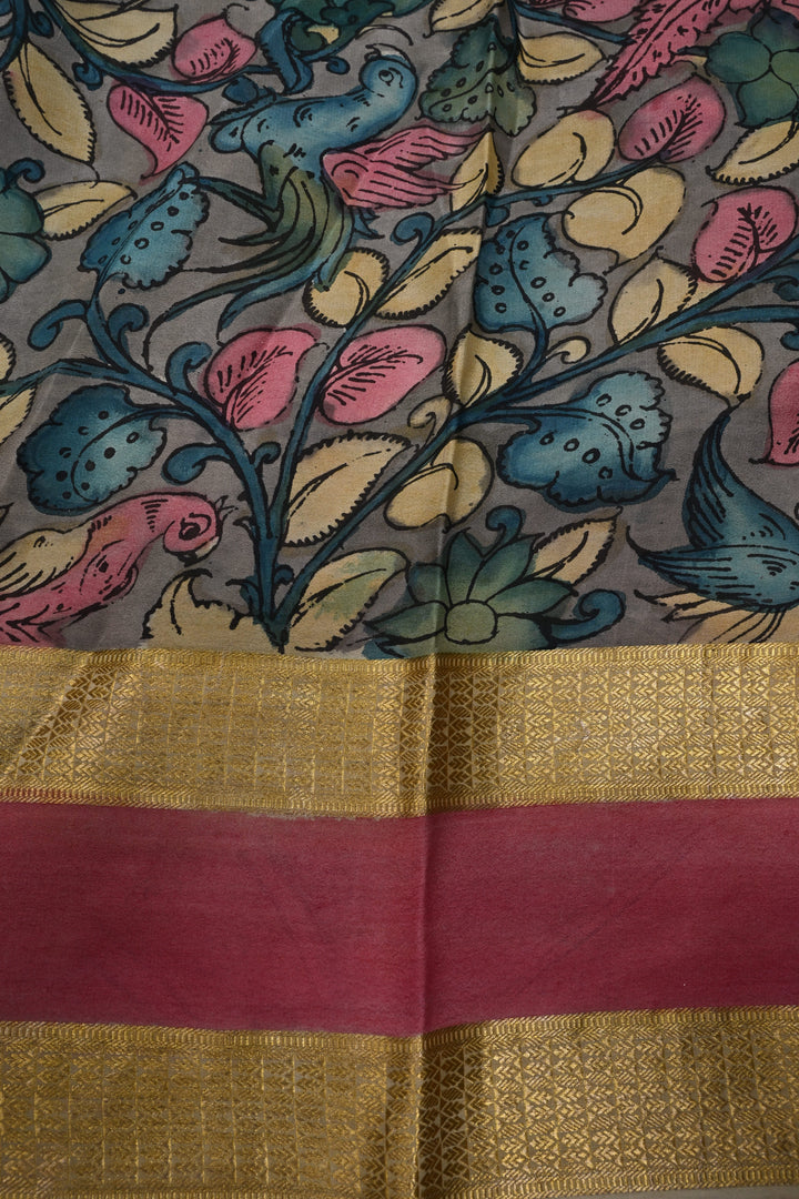Floral Theme: Bubblegum Pink Authentic Pen Kalamkari Handpainted  on Mysore Silk Saree with Stripes Pattern and Zari Border | SILK MARK CERTIFIED | SHOBITAM