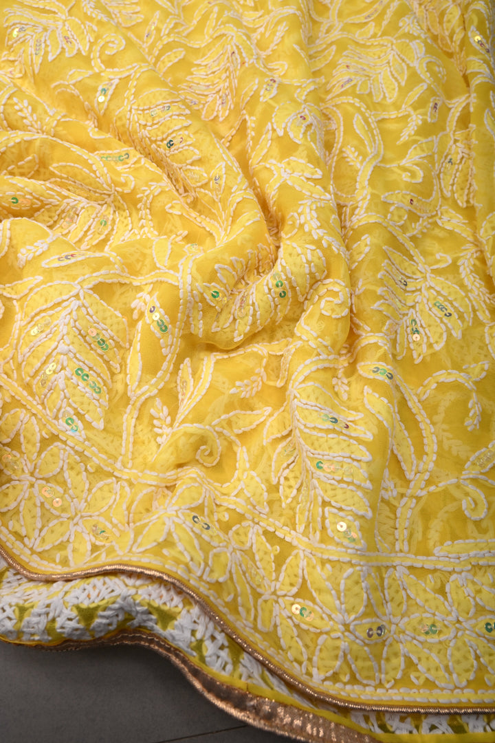 Authentic Yellow Hand-Embroidered Full Jaal Chikankari Georgette Saree with Sequins and  Border  | SHOBITAM