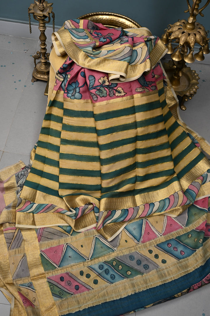 Floral Theme: Bubblegum Pink Authentic Pen Kalamkari Handpainted  on Mysore Silk Saree with Stripes Pattern and Zari Border | SILK MARK CERTIFIED | SHOBITAM