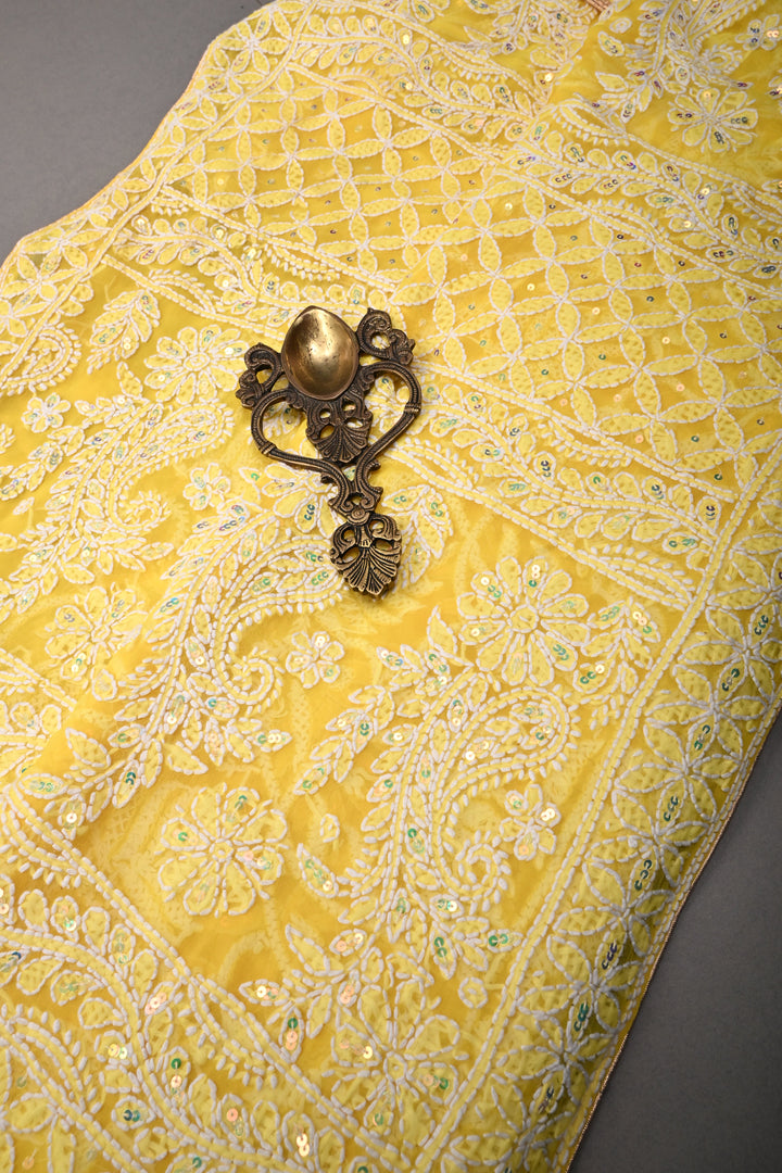 Authentic Yellow Hand-Embroidered Full Jaal Chikankari Georgette Saree with Sequins and  Border  | SHOBITAM
