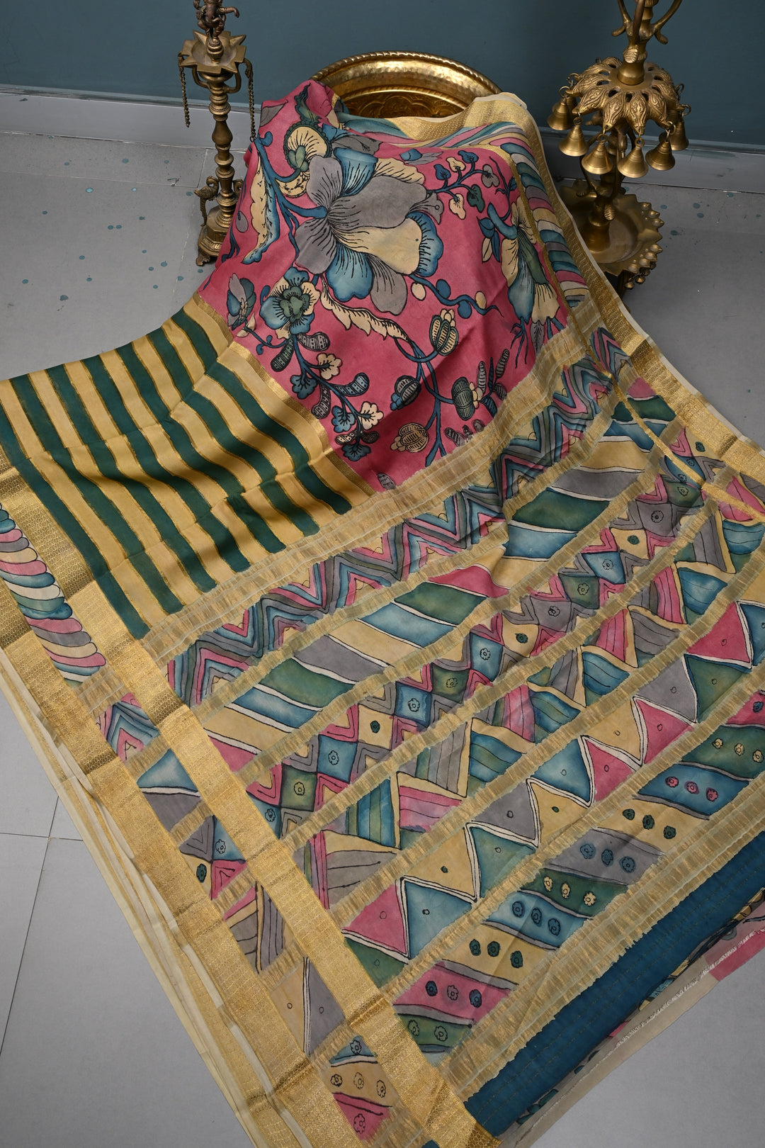 Floral Theme: Bubblegum Pink Authentic Pen Kalamkari Handpainted  on Mysore Silk Saree with Stripes Pattern and Zari Border | SILK MARK CERTIFIED | SHOBITAM