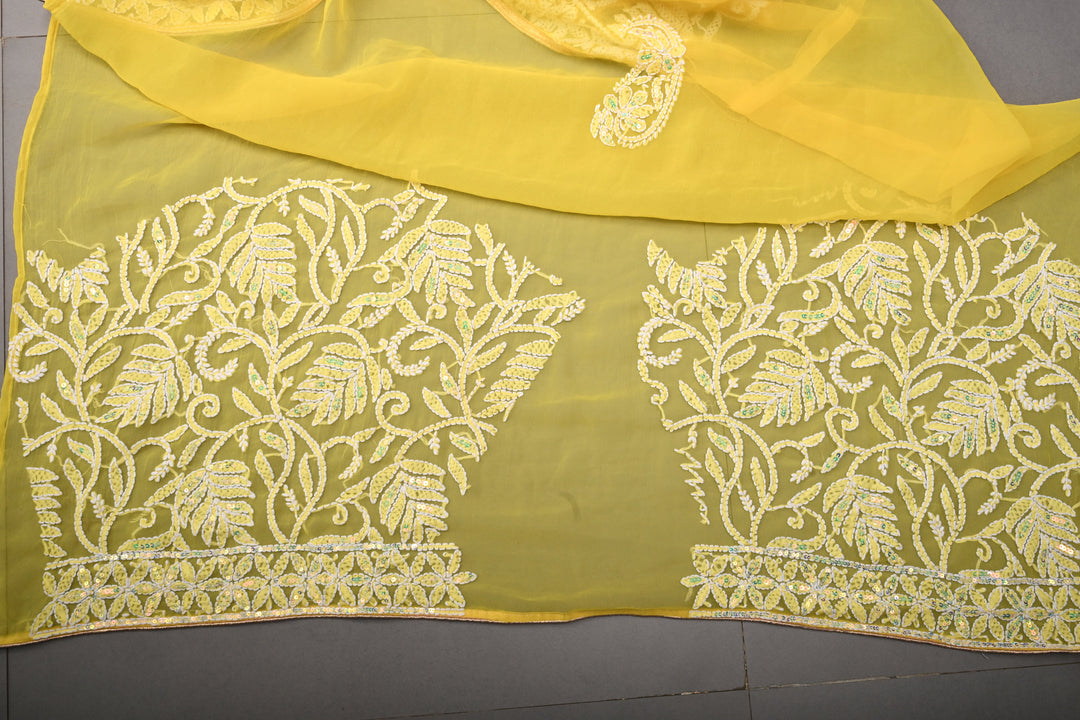 Authentic Yellow Hand-Embroidered Full Jaal Chikankari Georgette Saree with Sequins and  Border  | SHOBITAM