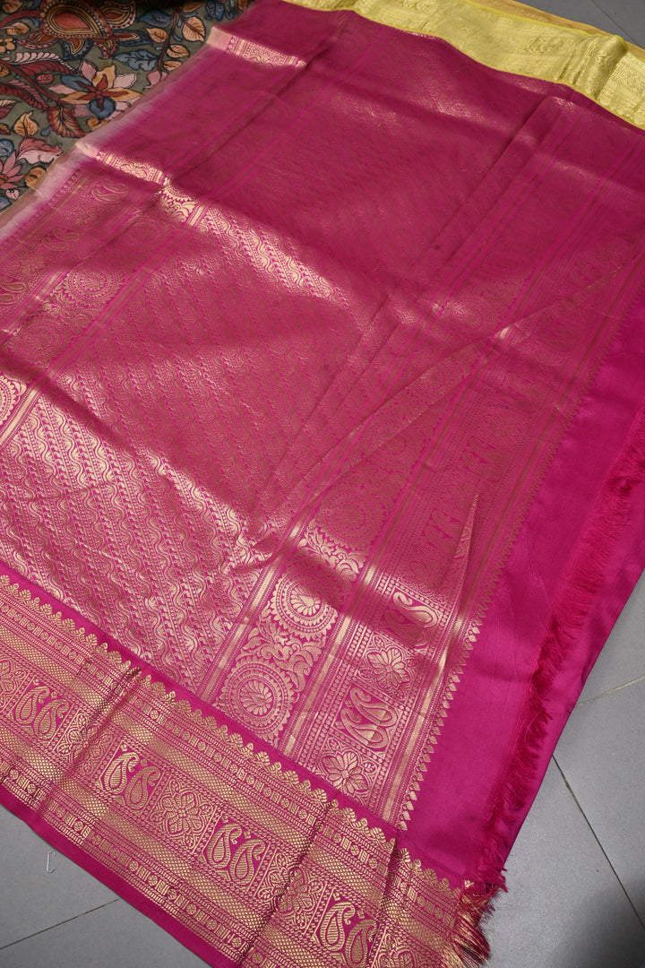 Floral-Peacock Theme : Authentic Pen Kalamkari Handpainted on Pure Kanjivaram Silk Saree with Ganga Jamuna Zari Border | SILK MARK CERTIFIED | SHOBITAM
