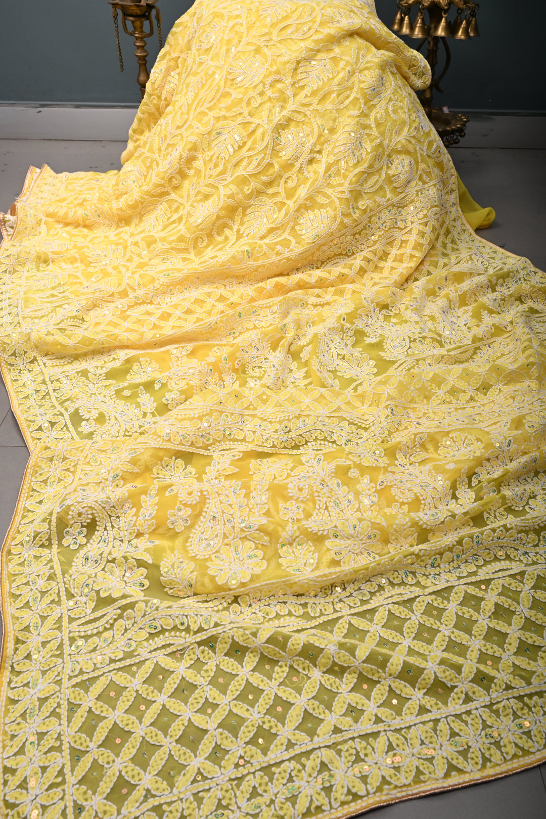Authentic Yellow Hand-Embroidered Full Jaal Chikankari Georgette Saree with Sequins and  Border  | SHOBITAM
