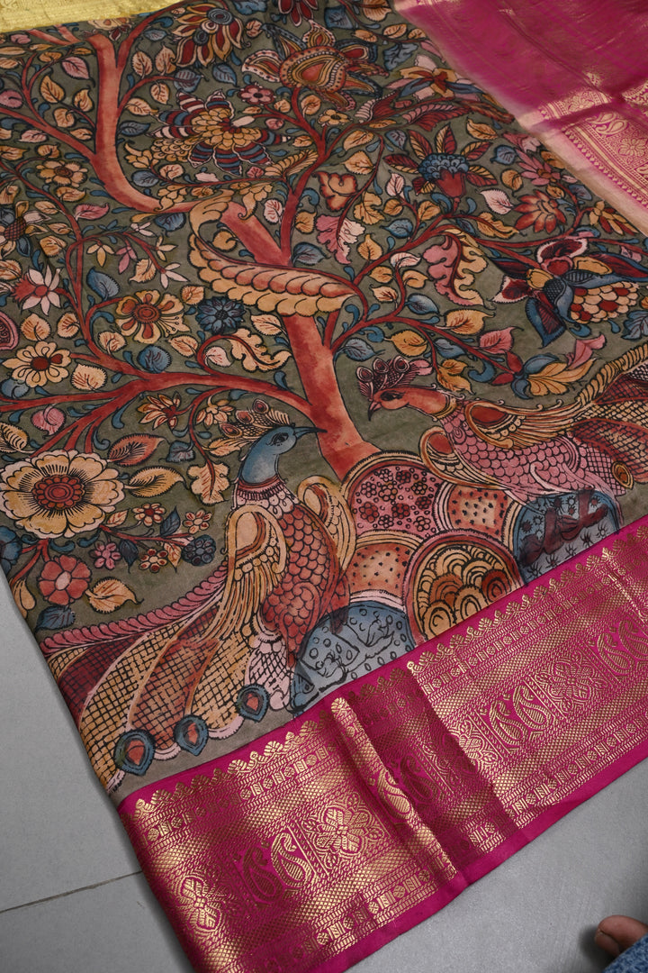 Floral-Peacock Theme : Authentic Pen Kalamkari Handpainted on Pure Kanjivaram Silk Saree with Ganga Jamuna Zari Border | SILK MARK CERTIFIED | SHOBITAM