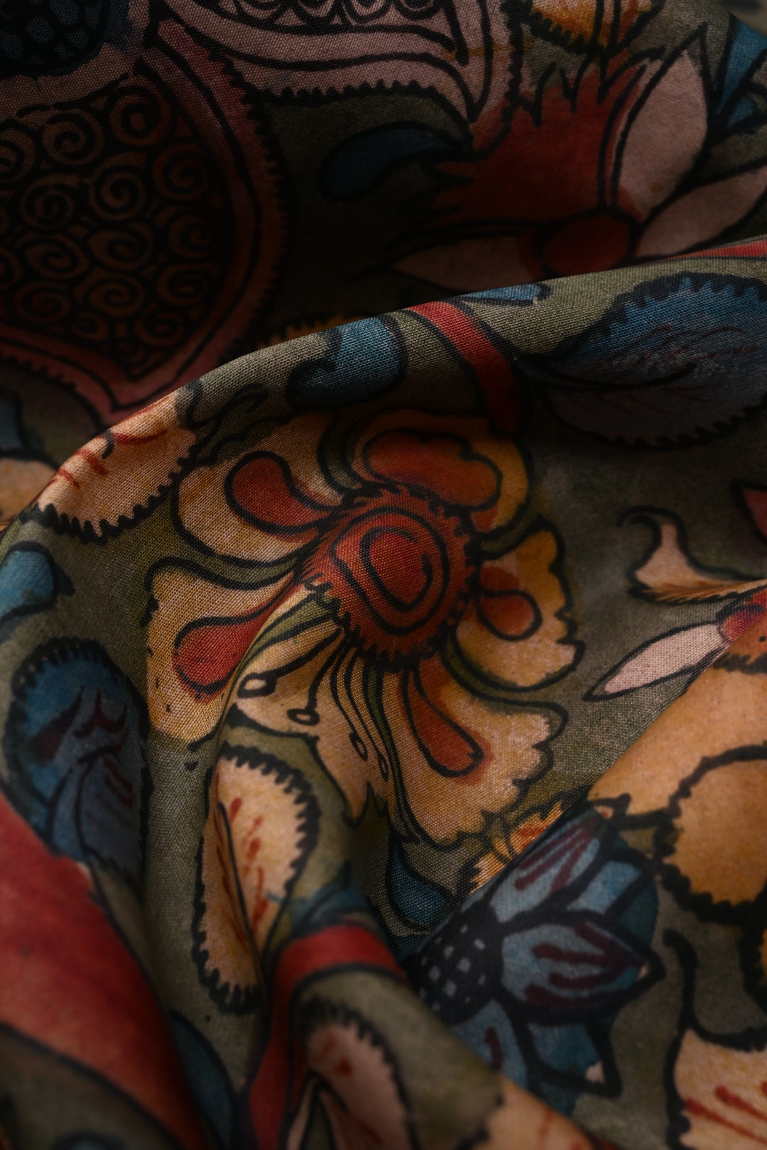 Floral-Peacock Theme : Authentic Pen Kalamkari Handpainted on Pure Kanjivaram Silk Saree with Ganga Jamuna Zari Border | SILK MARK CERTIFIED | SHOBITAM