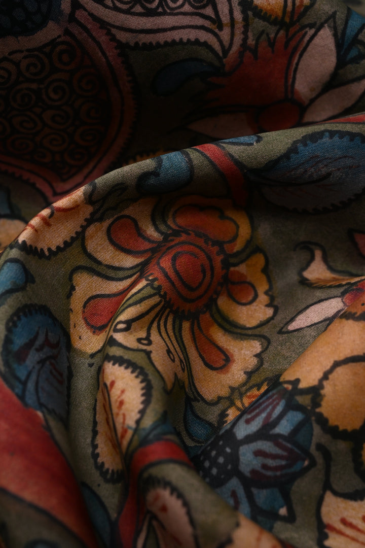 Floral-Peacock Theme : Authentic Pen Kalamkari Handpainted on Pure Kanjivaram Silk Saree with Ganga Jamuna Zari Border | SILK MARK CERTIFIED | SHOBITAM