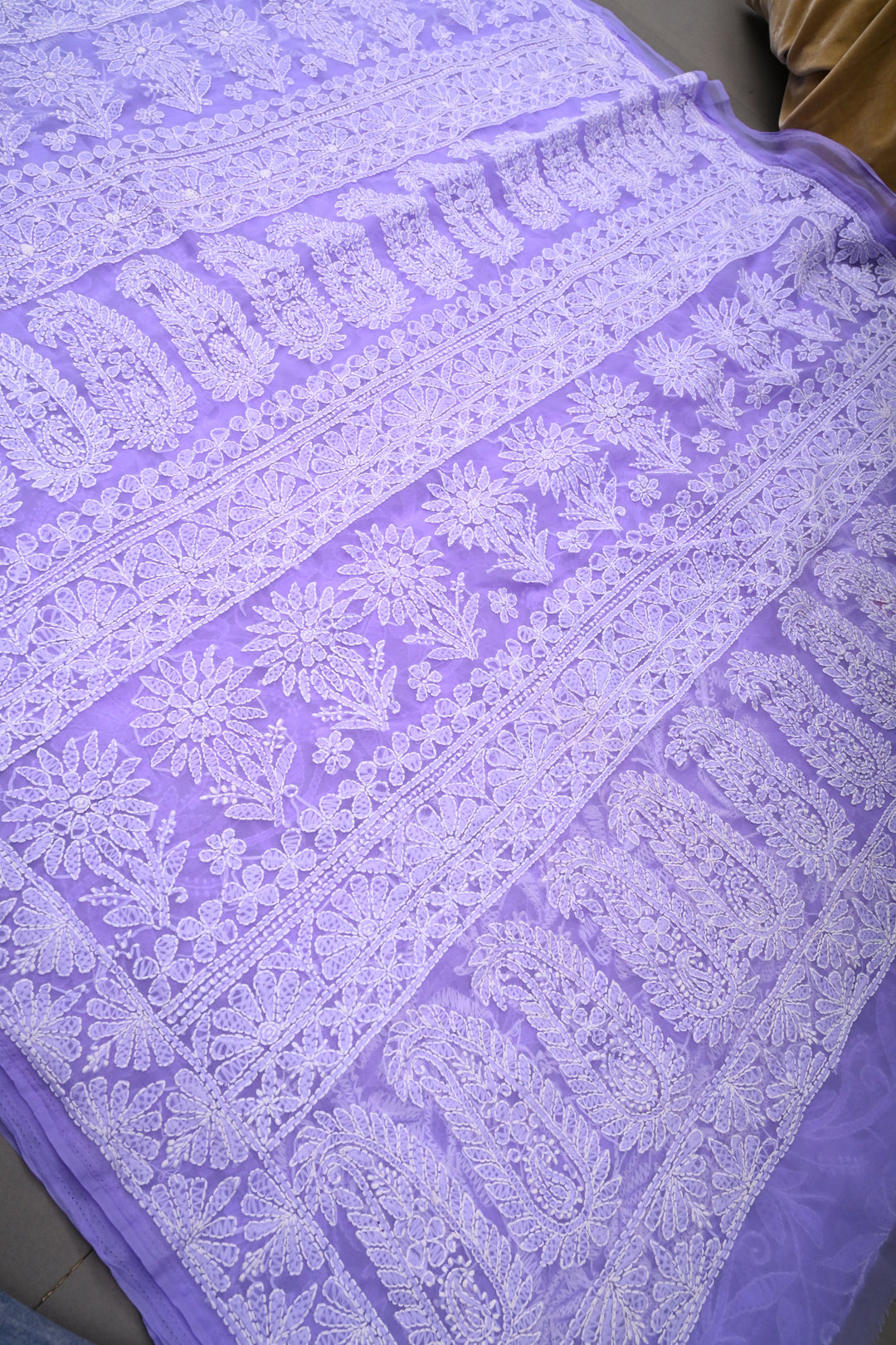 Periwinkle Authentic Hand-Embroidered Full Jaal Chikankari Georgette Saree with Border | SHOBITAM