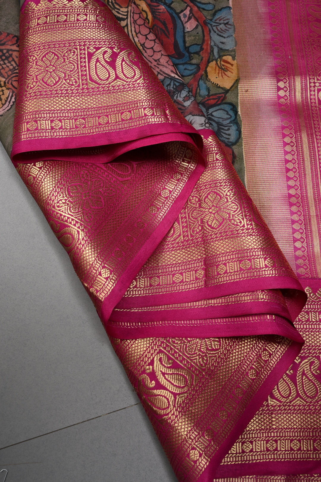 Floral-Peacock Theme : Authentic Pen Kalamkari Handpainted on Pure Kanjivaram Silk Saree with Ganga Jamuna Zari Border | SILK MARK CERTIFIED | SHOBITAM