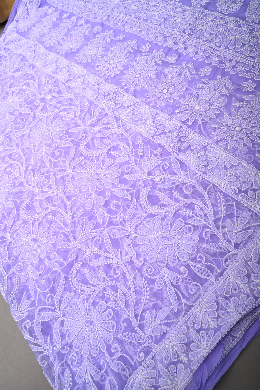 Periwinkle Authentic Hand-Embroidered Full Jaal Chikankari Georgette Saree with Border | SHOBITAM