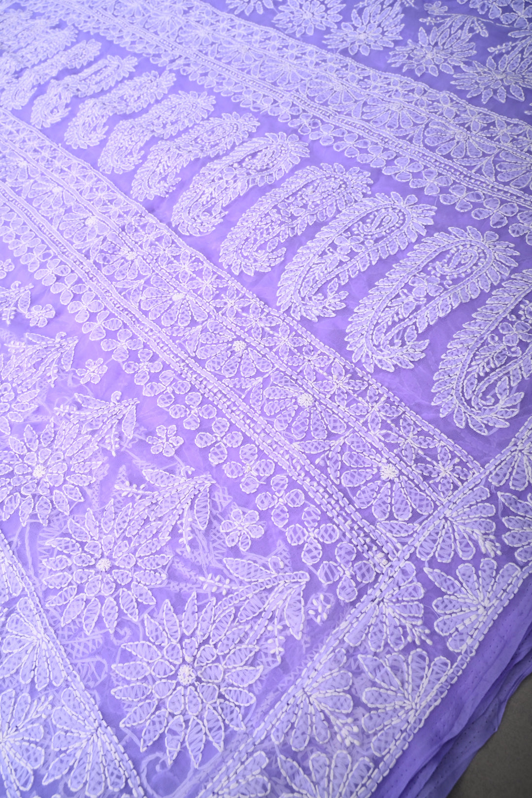 Periwinkle Authentic Hand-Embroidered Full Jaal Chikankari Georgette Saree with Border | SHOBITAM