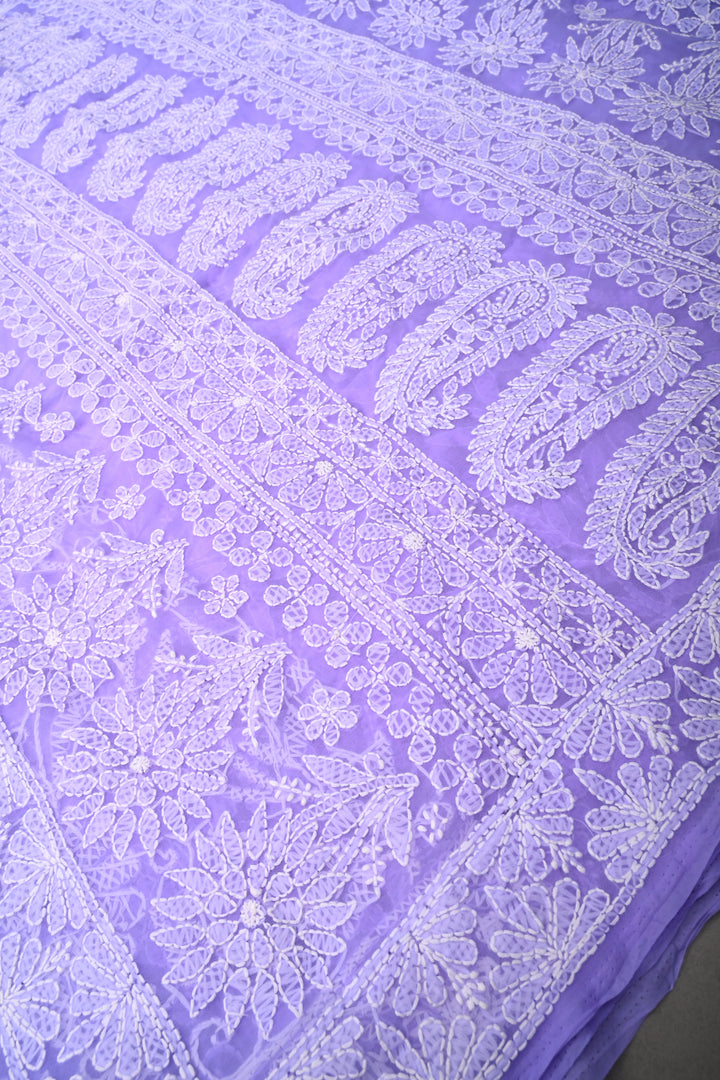 Periwinkle Authentic Hand-Embroidered Full Jaal Chikankari Georgette Saree with Border | SHOBITAM