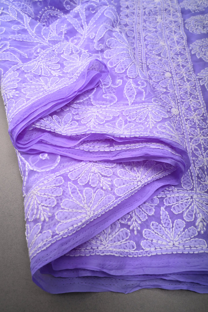 Periwinkle Authentic Hand-Embroidered Full Jaal Chikankari Georgette Saree with Border | SHOBITAM