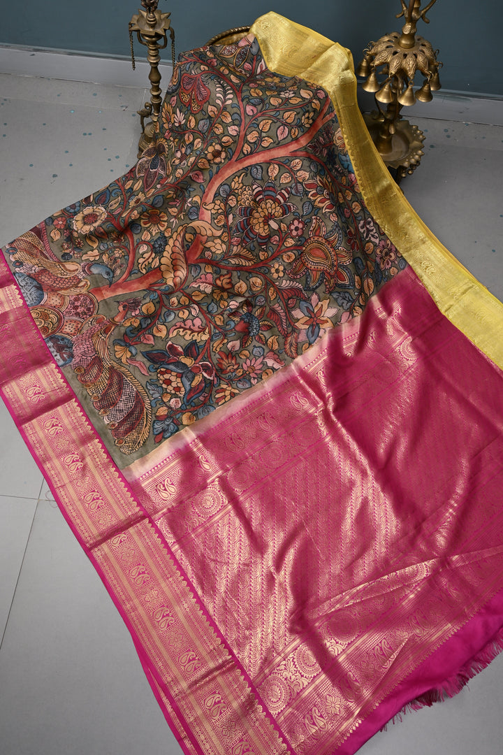 Floral-Peacock Theme : Authentic Pen Kalamkari Handpainted on Pure Kanjivaram Silk Saree with Ganga Jamuna Zari Border | SILK MARK CERTIFIED | SHOBITAM