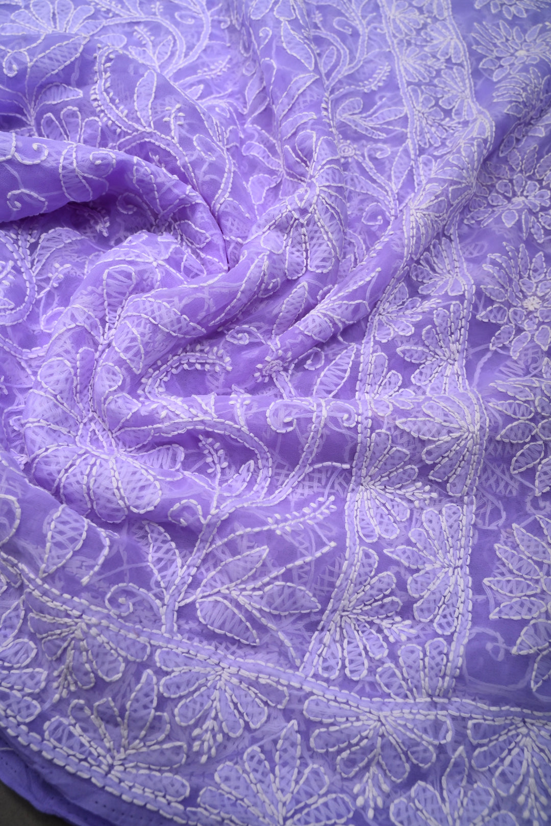 Periwinkle Authentic Hand-Embroidered Full Jaal Chikankari Georgette Saree with Border | SHOBITAM
