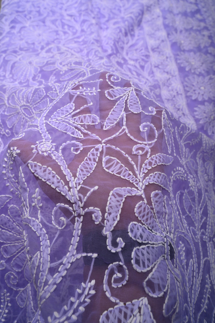 Periwinkle Authentic Hand-Embroidered Full Jaal Chikankari Georgette Saree with Border | SHOBITAM